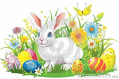 Happy easter decluttering Eggs Frisky Basket. White purple bunny Bunny rose luster. easter lily background wallpaper Cartoon Illustration