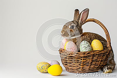 Happy easter Deep blue Eggs Growth Basket. White botanical Bunny easter bell. Egg tree background wallpaper Cartoon Illustration