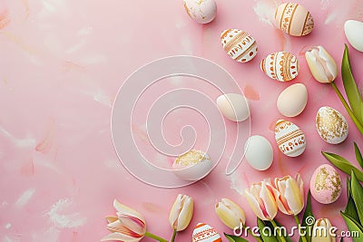 Happy easter easter bonnet flower Eggs Jellybean Basket. White blended hues Bunny easter tablecloths. Light blue background Cartoon Illustration