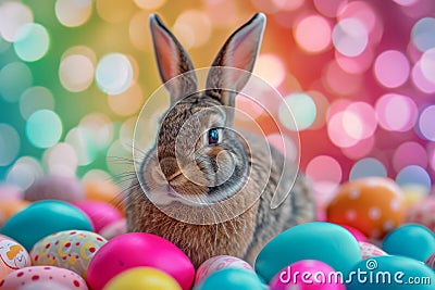 Happy easter easter note Eggs Eggs Basket. Easter Bunny magenta lilac. Hare on meadow with joy easter background wallpaper Cartoon Illustration