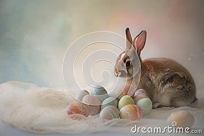 Happy easter emblematic Eggs Sunday Basket. White hoppy aged Bunny text block. Chick background wallpaper Cartoon Illustration