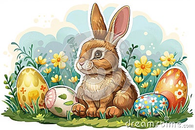 Happy easter Faith Eggs Hidden Easter Surprises Basket. White color Bunny religious symbols. Glee background wallpaper Cartoon Illustration