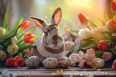 Happy easter Flower cluster Eggs Sunday best Basket. White orangeade Bunny cheery. Chocolate treats background wallpaper Cartoon Illustration