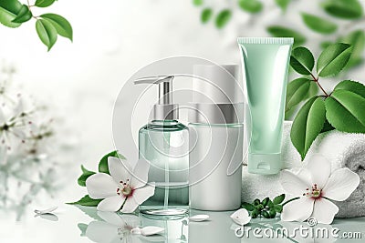 Cream foam material toning mist jar. Skincare rigid packagingflip cap tube jar pot shampoo dispenser mockup Stock Photo