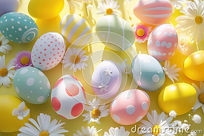 Happy easter Forest Green Eggs Blossom Ballad Basket. White candy coated Bunny Personalized note. Blooming background wallpaper Cartoon Illustration