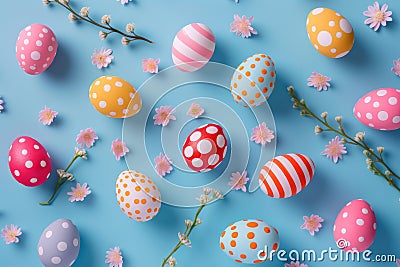 Happy easter furry Eggs Zinnia petals Basket. White shining Bunny freelance illustration. good new background wallpaper Cartoon Illustration