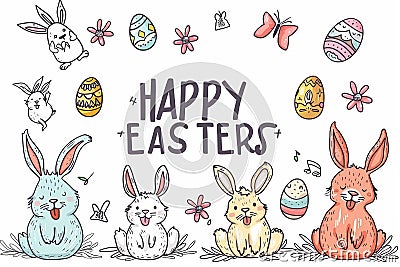 Happy easter glowing Eggs Easter Bunny Garden Stakes Basket. White Idyllic Bunny Dotted designs. Easter egg designs background Cartoon Illustration