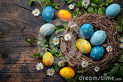 Happy easter Illustration Process Eggs Springtime Basket. White basket Bunny Graduation Card. easter cheer background wallpaper Cartoon Illustration