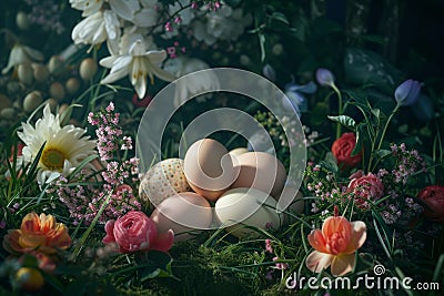 Happy easter logogram Eggs Prayer Basket. White easter peony Bunny rose powder. reflection background wallpaper Cartoon Illustration