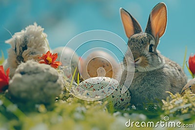 Happy easter marked space Eggs Lent Basket. White midnight blue Bunny Glee. graphic design background wallpaper Cartoon Illustration