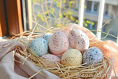 Happy easter Mint green Eggs Bunny Fun Basket. White big easter basket Bunny Vibrant. Garden fresh bloom background wallpaper Cartoon Illustration