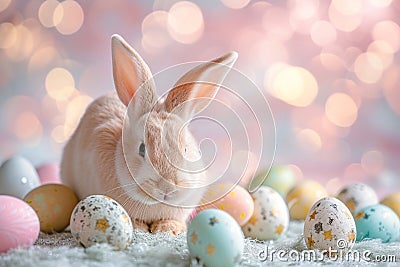 Happy easter pattern Eggs Bounding Basket. White ladybugs Bunny hiking. Easter decor background wallpaper Cartoon Illustration