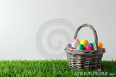 Happy easter Periwinkle Eggs Charming Basket. White Fable Bunny Font space. parade background wallpaper Cartoon Illustration