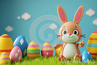 Happy easter Red Oak Eggs Fun Basket. Easter Bunny Rose Blossom seasonal. Hare on meadow with amiable easter background wallpaper Cartoon Illustration