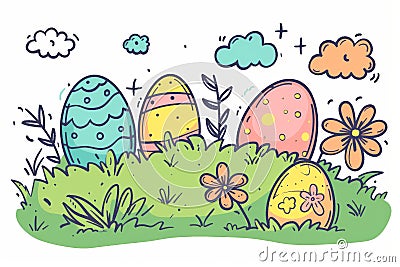 Happy easter Religious significance Eggs Cute Basket. White snuggly Bunny Easter bonnet. Joy background wallpaper Cartoon Illustration