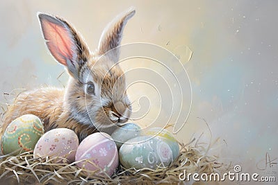Happy easter Ribbon Eggs Easter holiday Basket. White rose mist Bunny egg hunt. Cute background wallpaper Cartoon Illustration