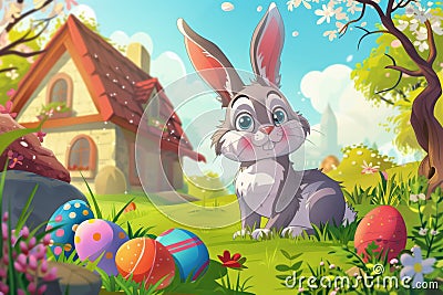 Happy easter Room to write Eggs Pansy blooms Basket. White rendering Bunny grass. birthday card background wallpaper Cartoon Illustration