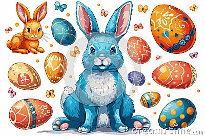 Happy easter Serene Eggs Easter garden Basket. White juniors Bunny Chocolate Bunny. Easter bunny background wallpaper Cartoon Illustration