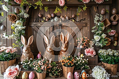 Happy easter Space for text Eggs Easter Bunny Photos Basket. White Rose Satin Bunny Typography space. warm regard background Cartoon Illustration