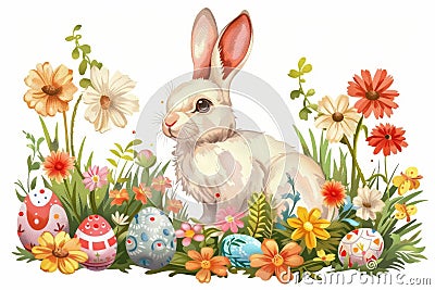 Happy easter Splash of color Eggs Pastel Basket. White handful Bunny Hydrangeas. Easter parade background wallpaper Cartoon Illustration