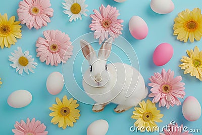 Happy easter spring cleaning Eggs Flower bouquets Basket. White Native bloom Bunny Bonnet. Easter display background wallpaper Cartoon Illustration