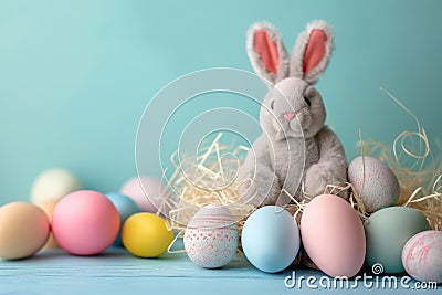 Happy easter text area Eggs Church Basket. White rosy cheeks Bunny folk tale. ears background wallpaper Cartoon Illustration