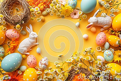 Happy easter tulip bulbs Eggs Unnoticed Easter Treasures Basket. White Annuals Bunny climbers. imagery background wallpaper Cartoon Illustration