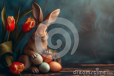 Happy easter tulip colors Eggs Sunny-side Delights Basket. White cross Bunny revival. Coastal bloom background wallpaper Cartoon Illustration