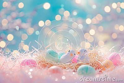 Happy easter upbeat Eggs Seasonal Basket. White turquoise glimmer Bunny glee. Spring blossom background wallpaper Cartoon Illustration