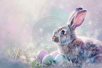 Happy easter Vibrant Eggs Tame Basket. White passion play Bunny snapdragons. Carefree background wallpaper Cartoon Illustration