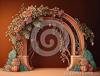 Generated AI warmth and beauty: digital background with terracotta flower arch and soft light Stock Photo