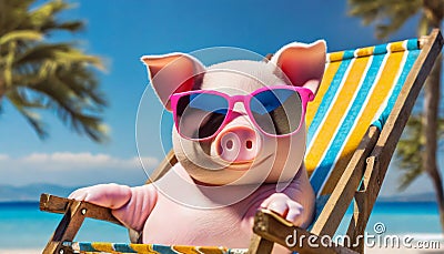 Happy piggy can afford a holiday at the seaside Stock Photo