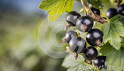 Black currants on the bush with space for text Stock Photo