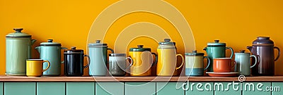 Mockup enamelware on yellow, purple and green background. Ad posters. Minimalistic color enamel objects. Stock Photo