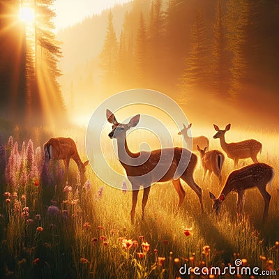 A family of deer grazing peacefully in a sun-dappled meadow Stock Photo