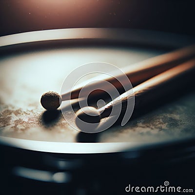 Drumsticks rest on a snare drum, in atmospheric light Stock Photo