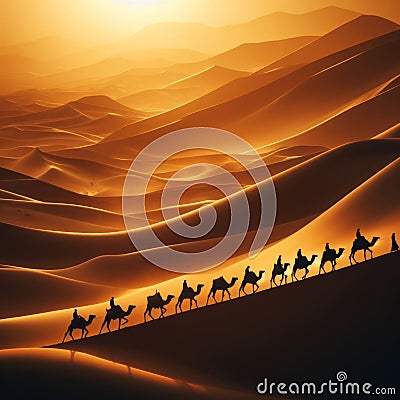 A caravan of camels traverses the vast sand dunes of the Sahara Desert Stock Photo