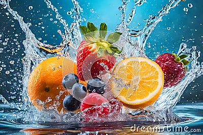 mix of fruits falling into water, with splashes, freshness, Generated image Stock Photo