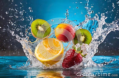 mix of fruits falling into water, with splashes, freshness, Generated image Stock Photo