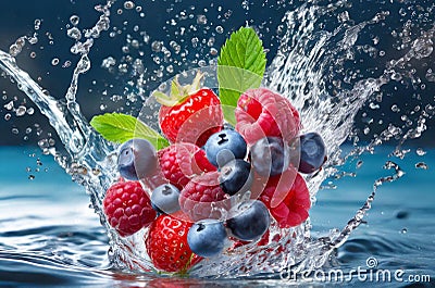 mix of red fruits falling into water, with splashes, freshness, Generated image Stock Photo