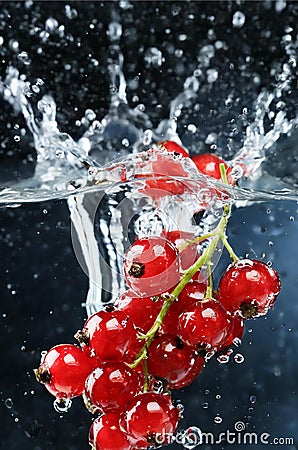 bunch of currants falling into water, with splashes, freshness, Generated image Stock Photo