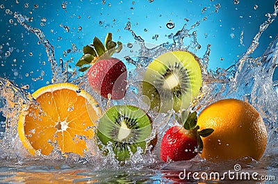various fruits falling into water, with splashes, freshness, Generated image Stock Photo