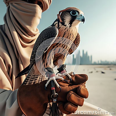 Beautiful scene of a falcon seated on falconer's gloved hand Stock Photo
