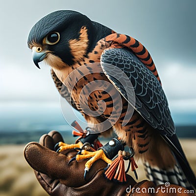 Beautiful scene of a falcon seated on falconer's gloved hand Stock Photo