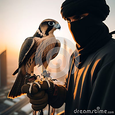 Beautiful scene of a falcon seated on falconer's gloved hand Stock Photo