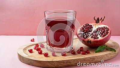 Board with glass of fresh pomegranate juice on pink background Stock Photo