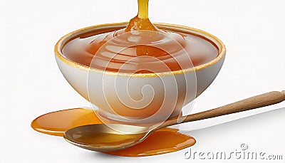 Bowl and spoon of tasty maple syrup isolated on white background Stock Photo