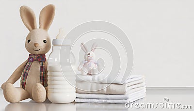 Feeding bottle with milk, diapers and toy bunny on white background with copy space Stock Photo