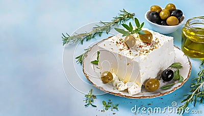 Tasty feta cheese with olives and herbs on light blue background with copy space Stock Photo