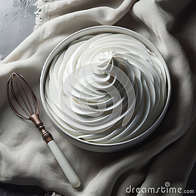 Bowl of whipped cream is nestled in fabric on surface Stock Photo